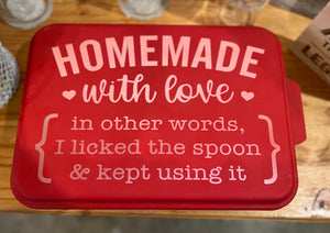 ** Ready to Ship** (Homemade with love …in other words, I liked the spoon & kept using it)Engraved Aluminum Cake Pan and Lid