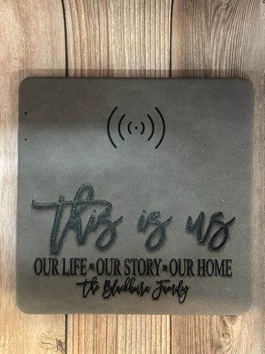 This Is Us (Custom Last Name) Engraved Leatherette Phone Charging Mat
